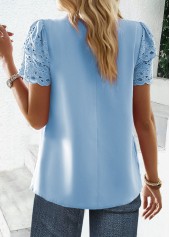 Cut Out Sky Blue Short Sleeve Round Neck Blouse