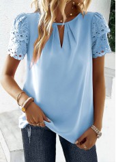 Cut Out Sky Blue Short Sleeve Round Neck Blouse