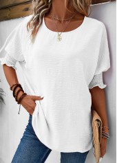 Half Sleeve Smocked White Round Neck T Shirt