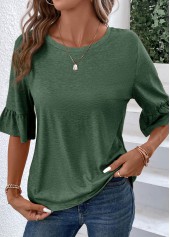 Green Round Neck Half Sleeve Button T Shirt