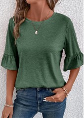 Green Round Neck Half Sleeve Button T Shirt