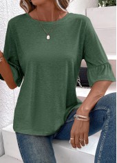Green Round Neck Half Sleeve Button T Shirt