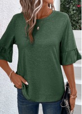 Green Round Neck Half Sleeve Button T Shirt