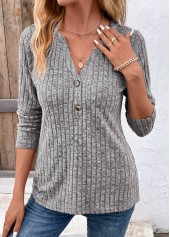 Button Dark Grey Split Neck Long Sleeve T Shirt
