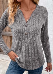 Button Dark Grey Split Neck Long Sleeve T Shirt