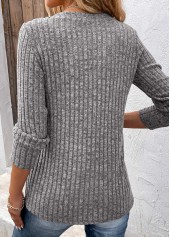 Button Dark Grey Split Neck Long Sleeve T Shirt