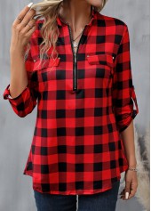 Plaid Zipper Red Long Sleeve High Neck Blouse