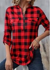 Plaid Zipper Red Long Sleeve High Neck Blouse