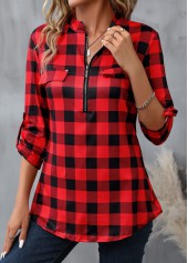 Plaid Zipper Red Long Sleeve High Neck Blouse