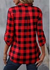 Plaid Zipper Red Long Sleeve High Neck Blouse