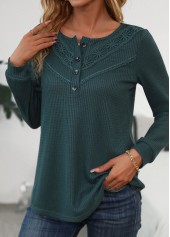 Patchwork Blackish Green Long Sleeve Scoop Neck T Shirt