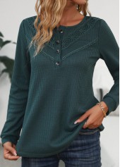 Patchwork Blackish Green Long Sleeve Scoop Neck T Shirt