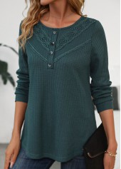 Patchwork Blackish Green Long Sleeve Scoop Neck T Shirt