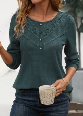 Patchwork Blackish Green Long Sleeve Scoop Neck T Shirt
