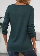 Patchwork Blackish Green Long Sleeve Scoop Neck T Shirt