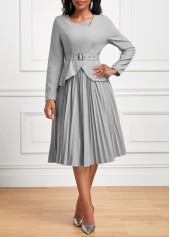 Pleated Belted Grey Long Sleeve Asymmetrical Neck Dress