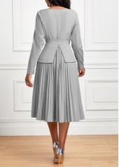 Pleated Belted Grey Long Sleeve Asymmetrical Neck Dress