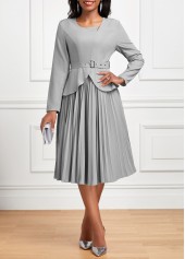 Pleated Belted Grey Long Sleeve Asymmetrical Neck Dress