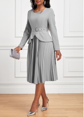 Pleated Belted Grey Long Sleeve Asymmetrical Neck Dress