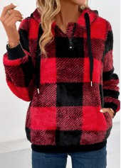 Plaid Pocket Red Long Sleeve Hooded Sweatshirt