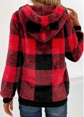 Plaid Pocket Red Long Sleeve Hooded Sweatshirt