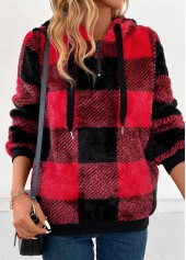 Plaid Pocket Red Long Sleeve Hooded Sweatshirt