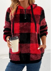 Plaid Pocket Red Long Sleeve Hooded Sweatshirt