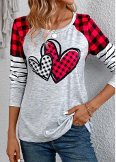 Plaid Patchwork Grey Long Sleeve Round Neck T Shirt