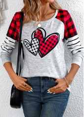 Plaid Patchwork Grey Long Sleeve Round Neck T Shirt