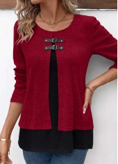 Wine Red Long Sleeve Fake Two Piece Twinset
