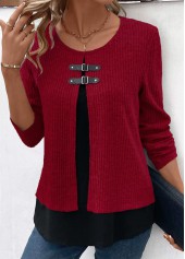 Wine Red Long Sleeve Fake Two Piece Twinset