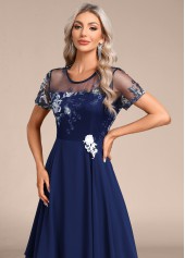 Embroidery Navy Short Sleeve Round Neck Dress