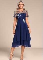 Embroidery Navy Short Sleeve Round Neck Dress