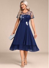 Embroidery Navy Short Sleeve Round Neck Dress