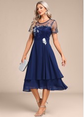 Embroidery Navy Short Sleeve Round Neck Dress