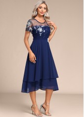 Embroidery Navy Short Sleeve Round Neck Dress