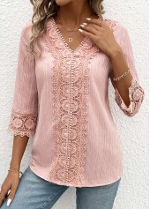 Lace Light Pink 3/4 Sleeve V Neck Blouse