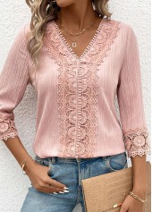 Lace Light Pink 3/4 Sleeve V Neck Blouse