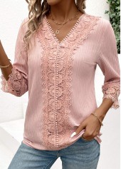 Lace Light Pink 3/4 Sleeve V Neck Blouse