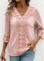 Lace Light Pink 3/4 Sleeve V Neck Blouse