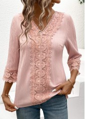 Lace Light Pink 3/4 Sleeve V Neck Blouse