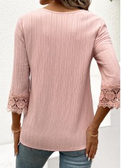 Lace Light Pink 3/4 Sleeve V Neck Blouse