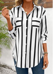Striped Pocket Black Long Sleeve Shirt Collar Blouse