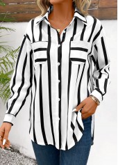 Striped Pocket Black Long Sleeve Shirt Collar Blouse
