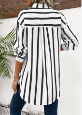 Striped Pocket Black Long Sleeve Shirt Collar Blouse