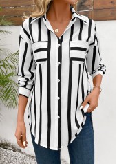 Striped Pocket Black Long Sleeve Shirt Collar Blouse