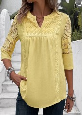 Patchwork Light Yellow 3/4 Sleeve Split Neck Blouse