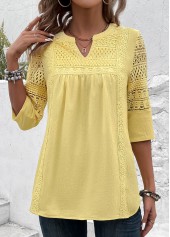 Patchwork Light Yellow 3/4 Sleeve Split Neck Blouse