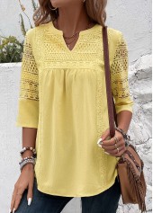 Patchwork Light Yellow 3/4 Sleeve Split Neck Blouse