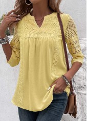 Patchwork Light Yellow 3/4 Sleeve Split Neck Blouse